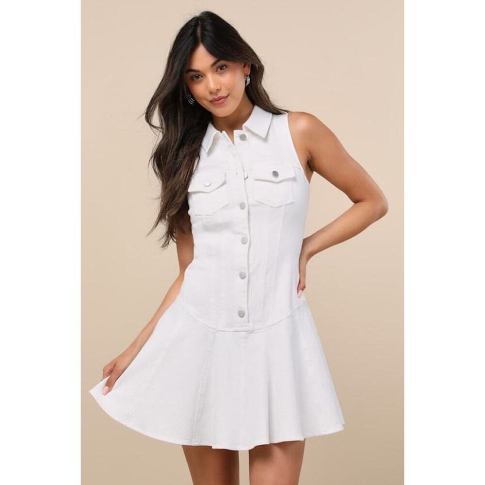 Lulus Jaila White Denim Collared Mini Dress - Size S